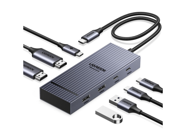 USB C Docking Station Dual Monitor, 7-in-1 Aluminum Dock with 2xHDMI Dual 4K@60Hz, 4x10Gbps USB-A & C Data Port, 100W PD, Revodok Pro Laptop Docking...