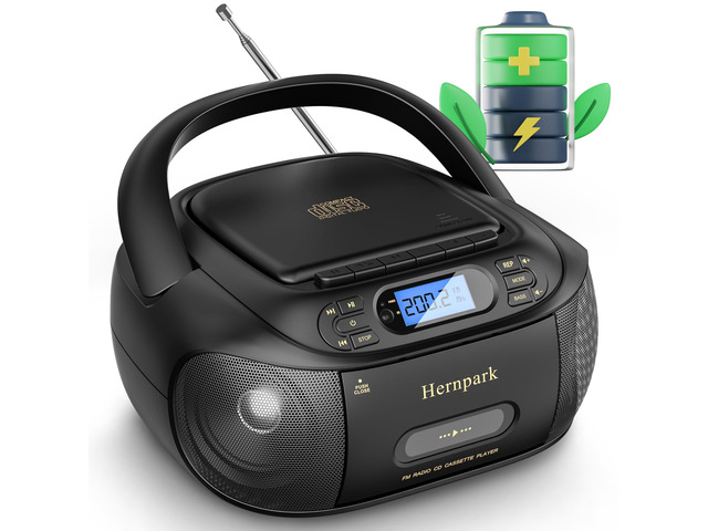 CD Cassette Player Combo, Rechargeable Boombox with Bluetooth 5.1, Tape Recording, FM Radio, Super Bass, Stereo Sound, Aux/USB Drive, Headphones...