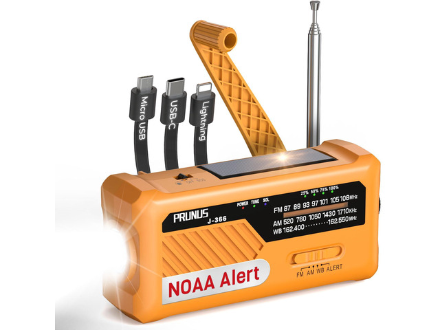 J-366 Emergency Radio with 3 Charging Cables, NOAA Weather Alert 7400mWh/Solar/Hand Crank/USB-C Charging, Battery Operated, WB/AM/FM, SOS Alarm,...