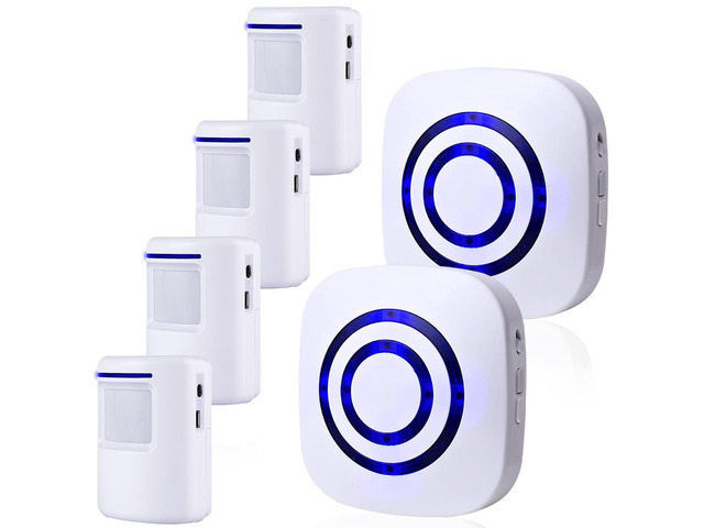 Motion Sensor Alarm, Long Range Wireless Driveway Alarm, Indoor Home Security System Electric Doorbells, 4 Motion Detector and 2 Alarm, 38 Chime...