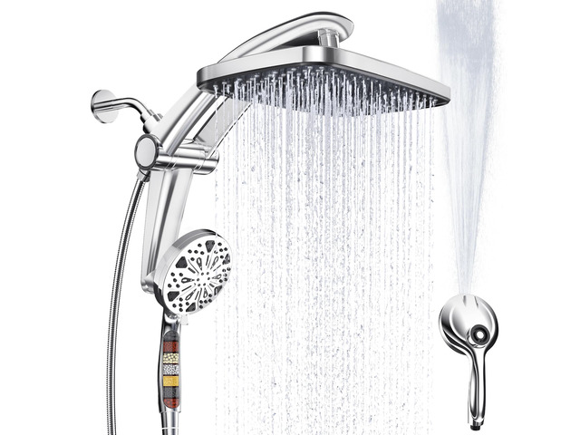12-Inch High Pressure Rain Shower Head with Handheld Spray Combo, Magnetic Dual shower heads; one-piece bracket adjusts height and angle; 9...