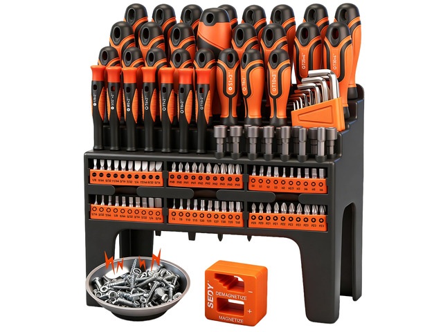 124-Piece Magnetic Screwdriver Set with Plastic Racking, Precision Screwdrivers, Magnetizer, Demagnetizer, Allen Keys, Nut Drivers, Ratchet...