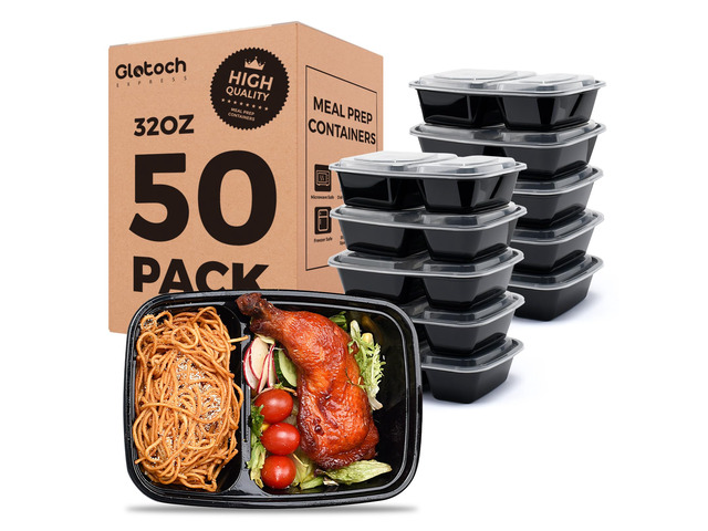 50 Pack(100-Piece)32oz 2-Compartment Meal Prep Containers with Lids Sturdy Leakproof Plastic Food Storage Containers for...