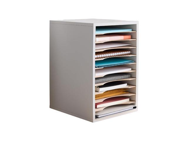 Vertical Literature Organizer, 11 Compartments, Office and Classroom Mailbox with Adjustable Shelves, Wood Paper and Mail Sorter, Modern Gray