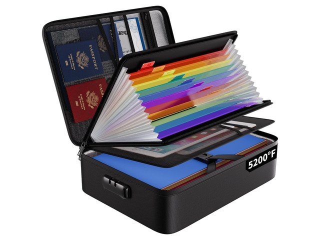 Fireproof File Organizer Bag with 13 Pockets Accordion File Folder 5200 Multi-Layer Document Organizer Box with Lock & Labels, Portable Home Travel...