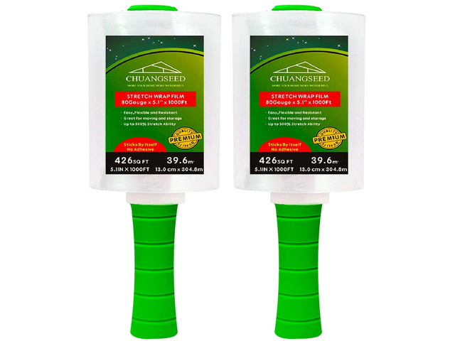 2-Pack Industrial Mini Clear Stretch Wrap Film 80 Gauge 5.1' 1000ft for Pallet Wrap with Plastic Handle,Durable Self-Adhering...