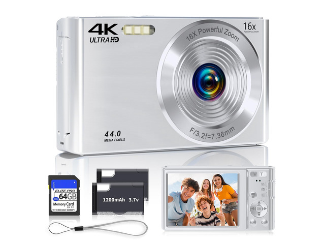 Digital Camera, 2026 4K Autofocus Digital Cameras for Teens, Silver Point and Shoot Camera for Kids with 16X Zoom, 64GB SD Card, Compact Small for...