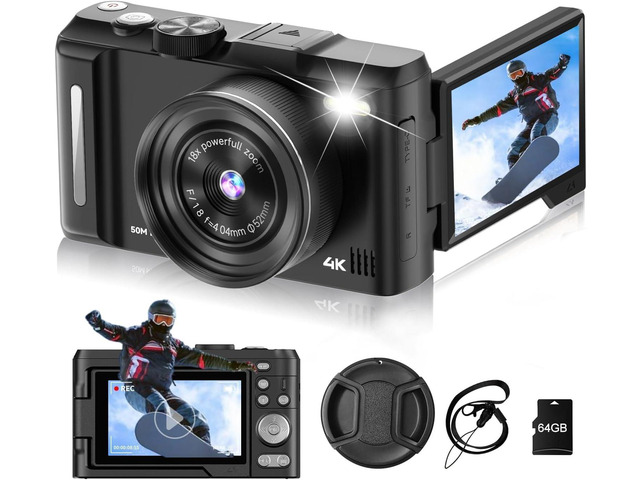 4K Digital Camera for Photography, 3' 180° Flip Screen with 64GB Card 50MP Vlogging Camera, 4K Video Recording, 18X Digital Zoom, Built-In Flash,...