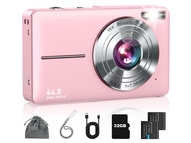 Digital Camera, FHD 1080P Point and Shoot Camera for Kids Teens Pink 32GB Card, Filters 16X Zoom Anti-Shake, Compact Camp Camera for Travel,...