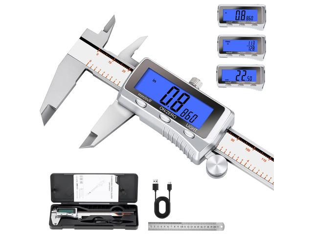 Digital Caliper 6 Inch, Rechargeable All Metal W/Backlight Screen USB-C Calipers, 4 Measurement Mode, 0.001' Accuracy, Inch/mm/Fraction, Auto-Off,...