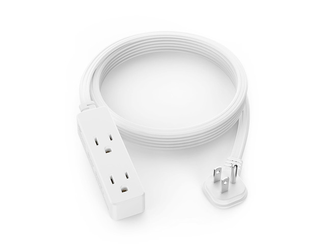 Flat Plug Extension Cord with 3 Outlets - 10 ft White Low Profile Indoor 3 Prong Grounded Power Strip for Home Office & Travel - 16/3 AWG, 13A/1625W