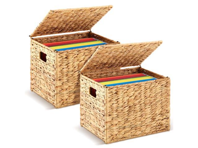 Large Decorative Hanging File Box Water Hyacinth Wicker Basket File Organizer with Lid Collapsible Woven Filing Cabinet for Office/home.