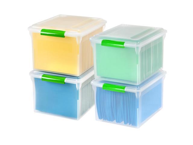 4-Pack 35 Qt. File Box Organizer with Lid, Clear Store documents and supplies with a secure closure, easy access, and organized storage for home.