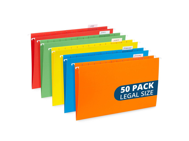 50 Hanging File Folders, Legal Size, Assorted Colors Reinforced 11pt, 1/5 Cut Tabs, Plastic Tabs and Inserts Included, for Filing Cabinet, Home,...