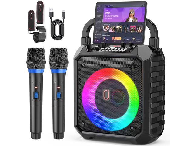 Karaoke Machine for Adults & Kids with 2 Wireless Microphones, Portable Bluetooth Speaker with LED Lights, Supports USB/TF Card/AUX for Party