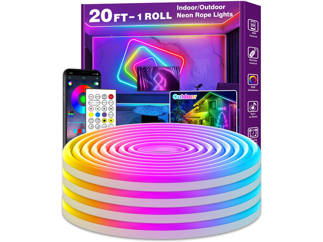 20Ft Neon Rope Lights,Flexible Led Rope Lights Control with App/Remote,Multiple Modes Music Sync Gaming RGB Led Neon Lights for Bedroom Outdoor