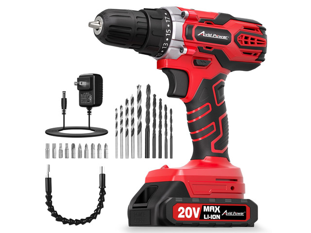 20V Cordless Drill Set with Battery & Charger for Home DIY-Red 2 Speeds, 3/8' Keyless Chuck, 19 Positions, 22 Accessories, Drill Bits for Versatile...