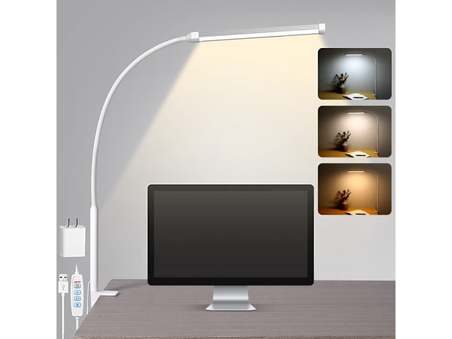 LED Desk Lamp with Clamp, Clip on Lights for Home Office, White 3 Modes 10 Brightness, Long Flexible Goose-Neck, Eye-Caring, Memory Function,...