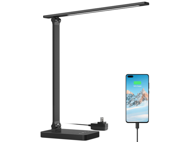 Desk Lamp with USB Charging Port for Home Office, 650LM 9.5W, Black Dimmable Task Light, 5 Colors 5 Brightness, Eye Caring Table Lamp for Dorm...