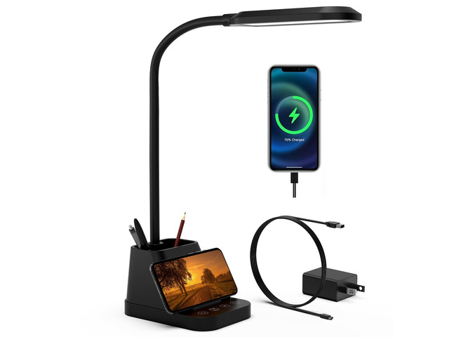 LED Desk Lamp with USB Charging Port for College Dorm Room for Home Office Bedrooms, Back to School, Black, Small, 650LM, Pen Holder, Timer...
