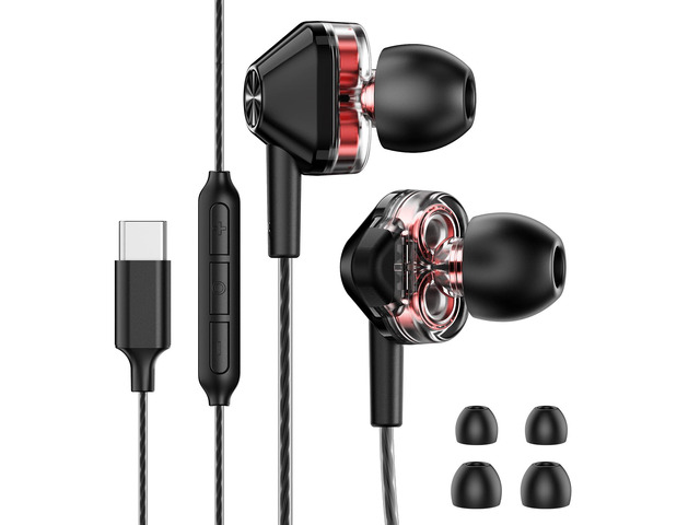 USB-C Wired In-Ear Earbuds with Mic, Dual Driver for Hi-Fi Stereo Sound Deep Bass, Noise Isolating Fit, 5ft Tangle-Free Cable, 3-Button Remote,...