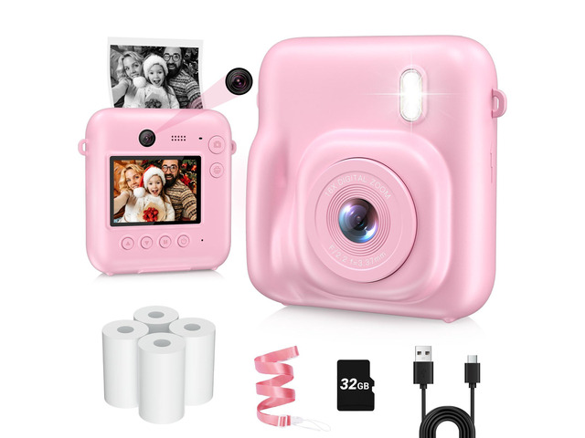 Kids Camera Instant Print, Dual-Lens 48MP Digital Camera, Pink Christmas Birthday Gifts, 1080P Video, Selfie Lens, 32GB Card, For Girls Boys