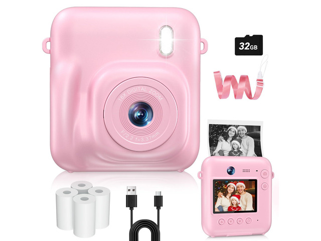 Kids Camera Instant Print, 1080P Dual-Lens Digital Camera for Kids, Pink Selfie Video, Girls Boys Christmas Birthday Gifts, Portable Toddler for...