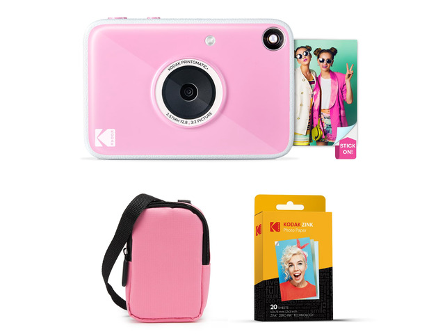 Printomatic+ Instant Print Digital Camera Starter Bundle + Carrying Case (Pink) + Zink 20pk Sticky-Back Photo Paper - 10MP, Full-Color Photos, GB...