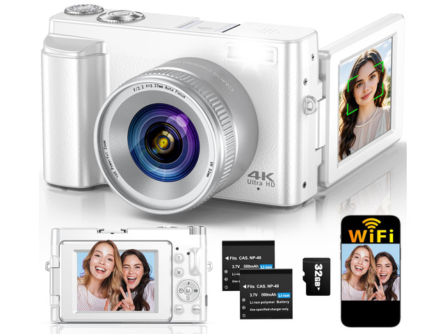4K Digital Camera for Photography Autofocus, 64MP WiFi Vlogging Camera for YouTube with 2 Batteries, SD Card, 3' 180°Flip Screen Selfie Compact...