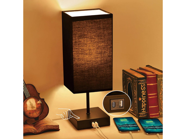 Bedside Table Lamp for Bedroom with 2 USB Ports, 14-Inch, Black USB A+C Ports, Touch 3-Way Dimmable LED Bulb Included Fabric Lampshade Metal Base...