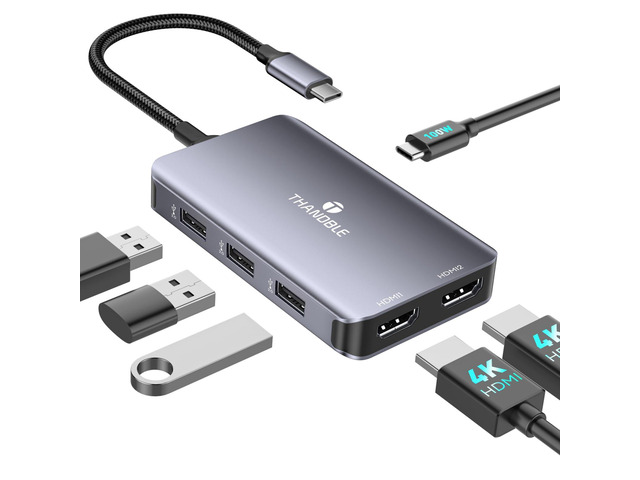 4K@60Hz USB C to Dual HDMI Adapter, 6 in 1 Docking Station Dual Monitor, 3*USB-A Data Ports, 100W PD, HDMI Splitter Extended Display Laptop USB C...