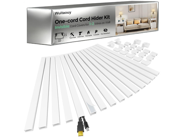 Cord Hider for TV on Wall, White, 212.6in, 15Ã— L14.2in W0.59 H0.4in Small Cord Covers for 1-2 Wires on Wall, Self-Adhesive Wire Hider, Paintable...