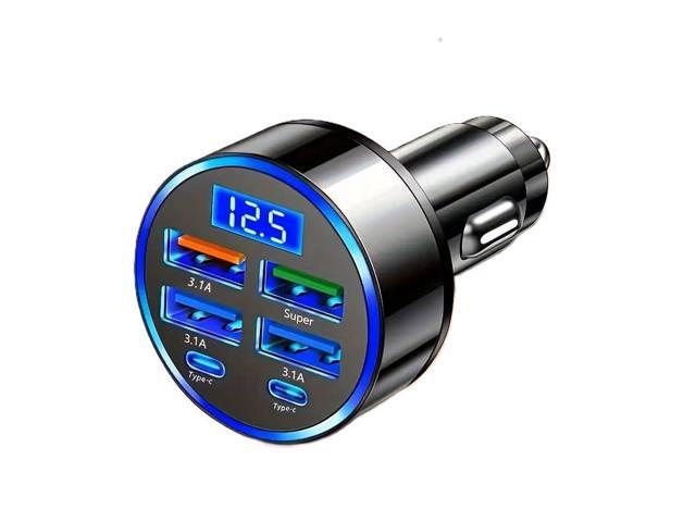 120W 6-Port Fast Car Charger USB-C with LED Voltage Display, Multi Port Cigarette Lighter Adapter for iPhone, Android