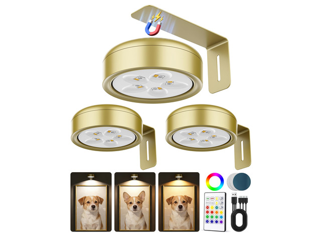 3 Pack Picture Lights for Wall,Wireless 2000mAh Rechargeable Magnetic LED Puck Lights with Remote,3 Color Temps and 12 RGB,Dimming & Timer,Art...