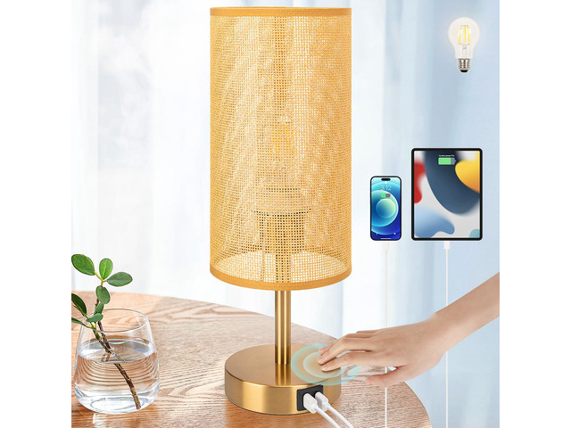 Bedside Lamp with USB Port - Touch Control Table Lamp for Bedroom Wood 3 Way Dimmable Nightstand Lamp with Round Flaxen Fabric Shade for Home...