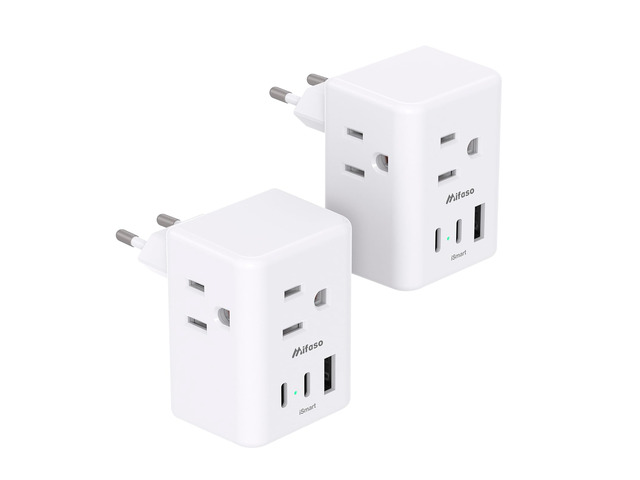 2 Pack European Travel Plug Adapter, International Power Plug Adapter 3 Outlets 3 USB Charging Ports(2 USB C), Type C Plug Adapter Europe Travel...