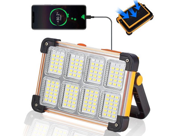 120W Solar Rechargeable Work Light, 144 LED 10000LM Portable Flood Light with Stand, IP66 Waterproof 4 Modes LED Job Site Lighting Flashlights for...