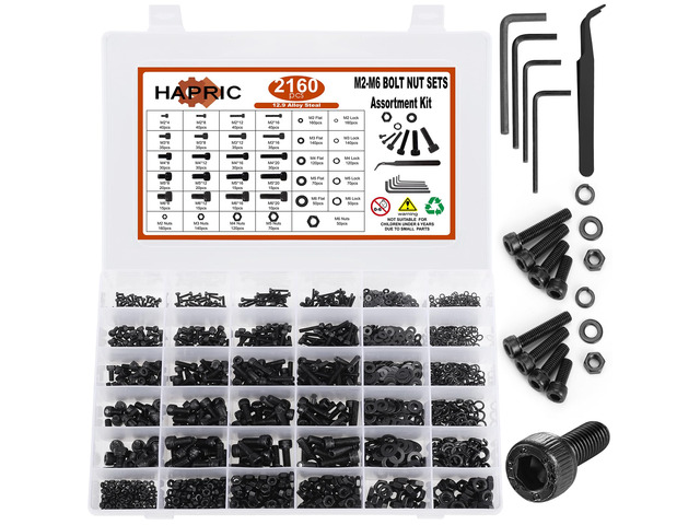 2160 Pcs Metric Screw Assortment M2 M3 M4 M5 M6 Nuts and Bolt Kit 12.9 Alloy Steel, Black Zinc Plated, Hex Socket Screws, 20 Sizes, Labeled Storage...
