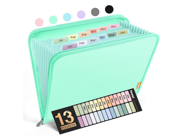 13 Pocket Accordion File Organizer, Zipper Expanding File Folder A4 Reinforced Plastic Accordion Folder Organizer, A4 Letter Size, Portable Folders...