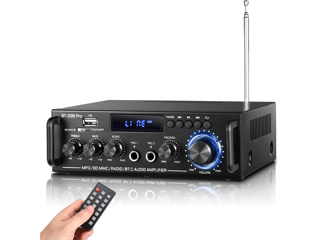 298Pro Stereo Audio Amplifier, MIC in w/Echo, Bass & Treble w/USB/RCA/FM Max 400W Home 2 Channel Bluetooth 5.0 Wireless Power Amplifier, HiFi...