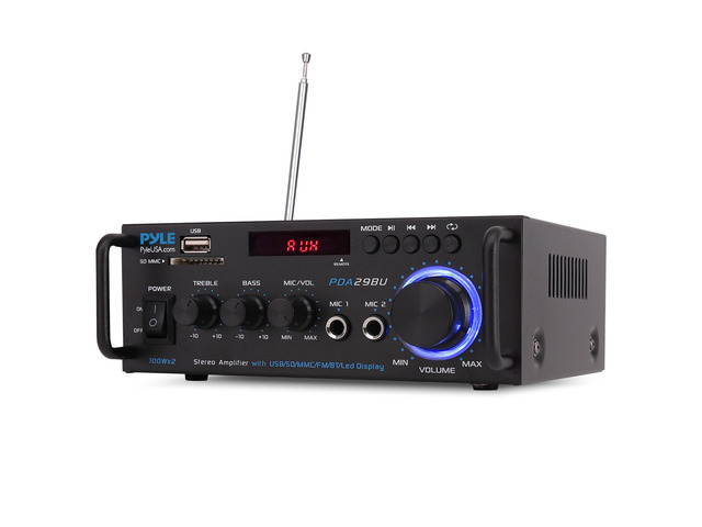 200W Bluetooth Compact Power Amplifier - Wireless 2 Channel Audio Receiver with Dual Karaoke Mic Input - RCA - USB-A + SD Card MP3 Player - FM...