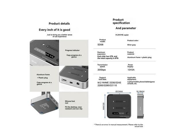 M2 20Gbps Two Bay SSD Docking Station Dual Bay Offline USB C To NVME PCIE Docking Station One-Key Offline Clone SSD Dock US P