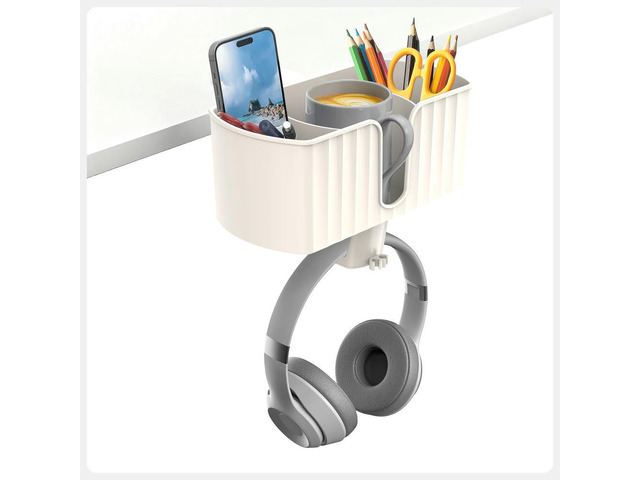 4 in 1 Clamp-On Detachable Pen Cup Holder with 2 Wire Holes Desktop Organizer for Cups Phones Pens Desktop Accessories