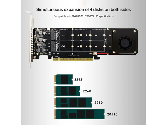 PCIeX16 To M.2 RAID Adapter M Key 4 NVME Expansion Card 4x32Gbps M2 NVME Extended Card Support SSD 2280/2260/2242/2230