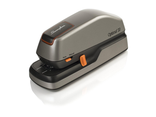 Electric Stapler, 20 Sheet Capacity, Optima 20, Jam Free, Auto or Manual, Plug In or Battery, Silver (48208)