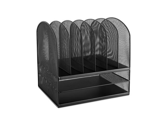 Onyx Desk Organizer, 6 Vertical Compartments and 2 Trays, Office and Classroom Mailbox, Paper and Mail Sorter, Steel Mesh, Black