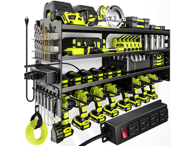 Large Power Tool Organizer Wall Mount with Charging Station,4 Layer Heavy Duty Metal Tool Storage Rack Loads 600lbs with 8 Cordless Drill...