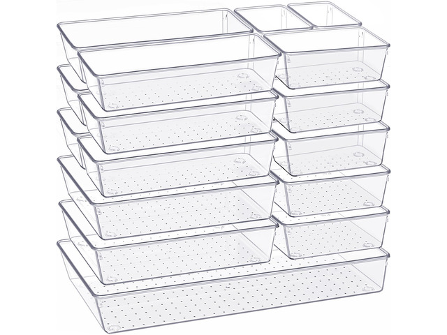 Drawer Organizer, 18 Pack Large Clear Plastic Kitchen Drawer Organizers Set, 6 Size Versatile Bathroom and Vanity Drawer Organizer Trays, Storage...