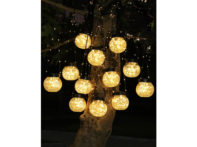 Solar Lights Outdoor Waterproof 12-Pack, Solar Powered Hanging Lantern Cracked Glass Hanging Globes for Yard Decor Christmas Decoration, Shepherd...