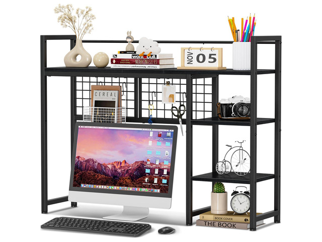 Desk Shelf, 38.6' Desktop Organizer Shelf, Desk Hutch for Computer Monitor, 4 Tier Desk Display Rack with Pegboard Hooks Set, Wood Desktop...
